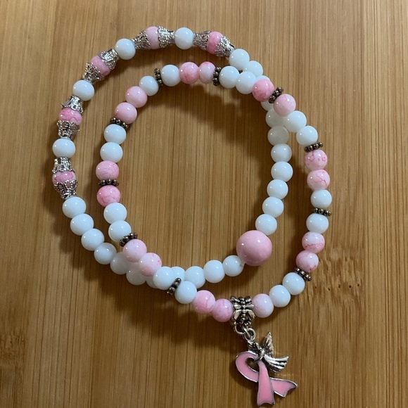 Hand Crafted Breast Cancer Awareness Bracelet Set Beaded Stretch 7.5 inches - Picture 10 of 12